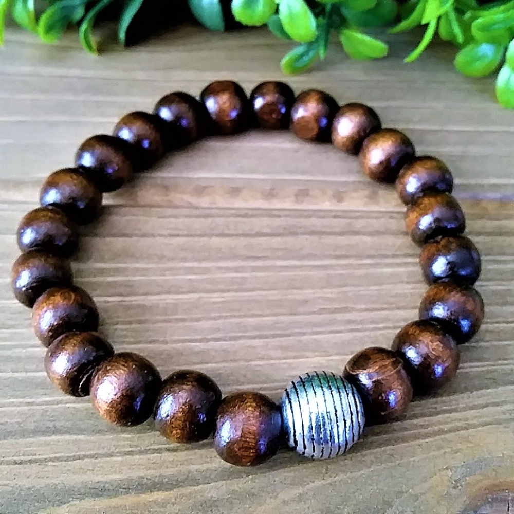 New Mens Wood Beaded Bracelet with Silver Accent